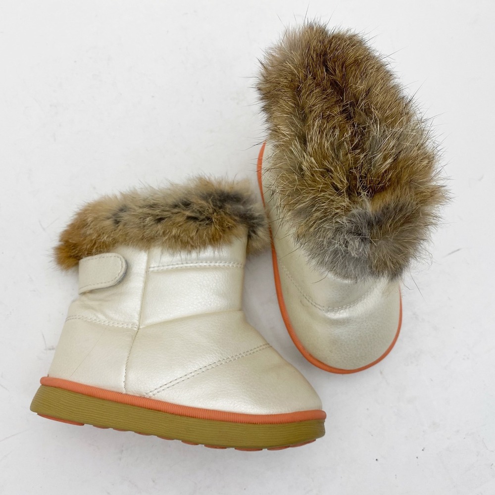 Comfy Kids Metallic Pearl Rabbit Fur Trim Winter Snow Boots‎ Bear Tread Size 25